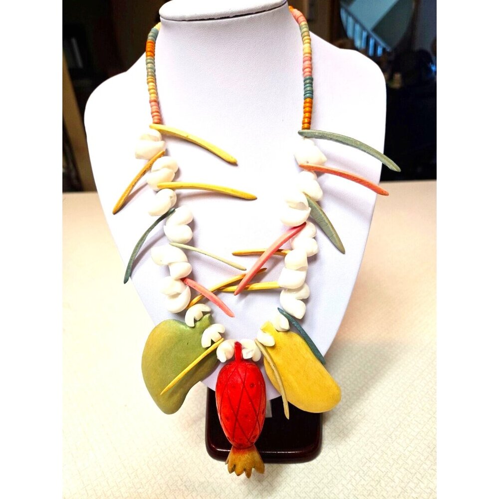 Vintage Whimsical Shell and Wood Fruit Salad Pineapple Colorful Necklace 23 inch